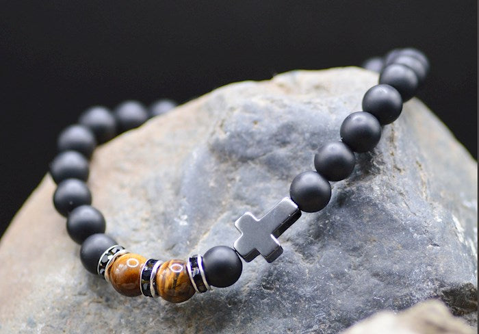 Bracelet-Eden Merry-Black Bead/Tiger Eye-Cross