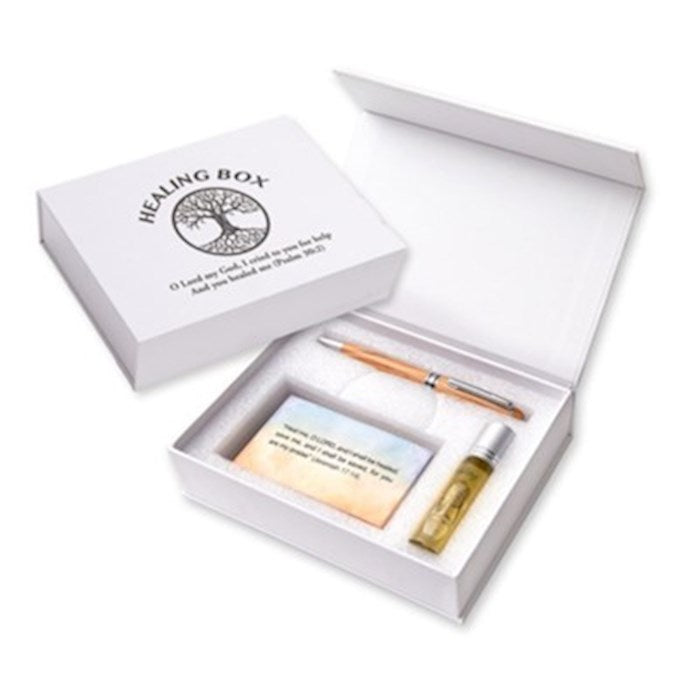 Gift Set-Prayers For Healing Box (Pen 31 Cards & Oil)-White Cardboard Box (