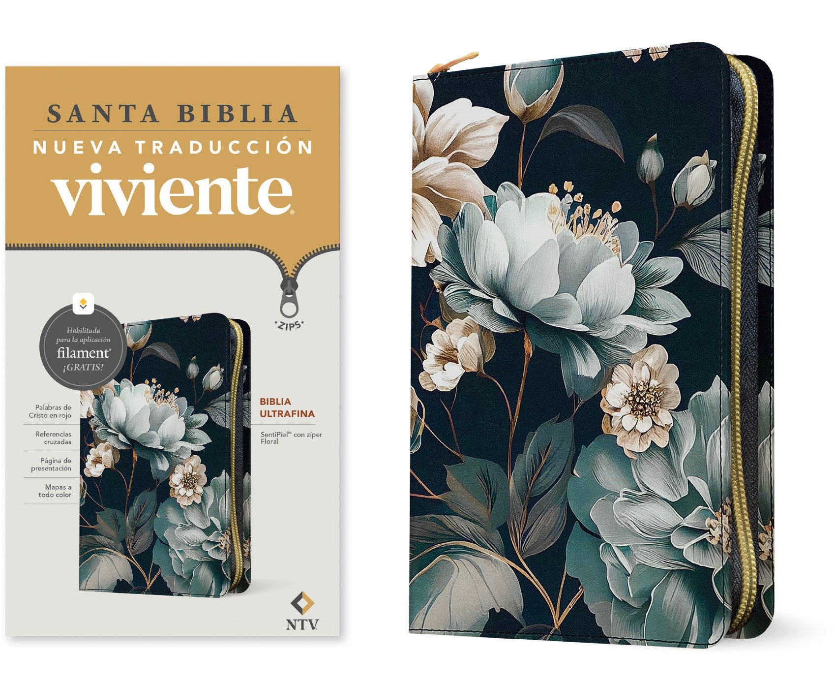 NTV Thinline Zipper Bible Filament Enabled (Biblia ultrafina de ziper con Filament)-Floral LeatherLike
