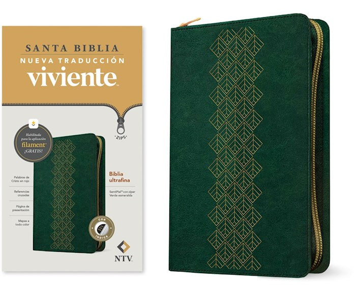 NTV Biblia Ultrafina de Ziper con Filament (NLT Thinline Zipper Bible Filament Enabled)-Emerald Green LeatherLike Index