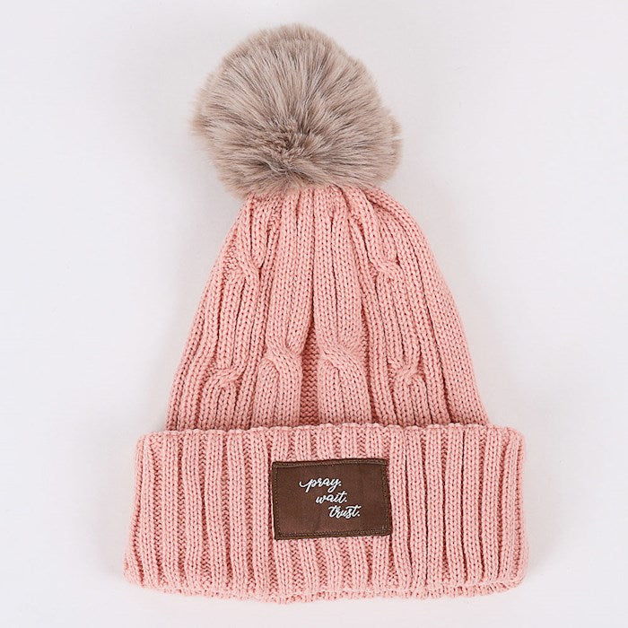 Beanie w/Pom -Pom-Pray Wait Trust-Dusty Rose