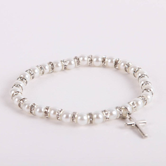 Bracelet-Pearls & Crystals With Cross Charm-Elastic (5")