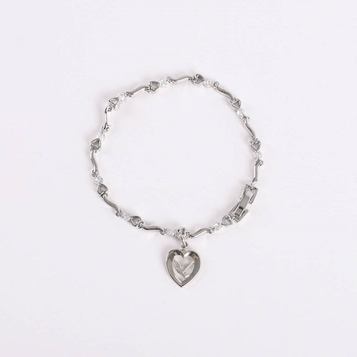 Bracelet-Cubic Zirconia & Heart/Dove Charm-Rhodium (7.25")