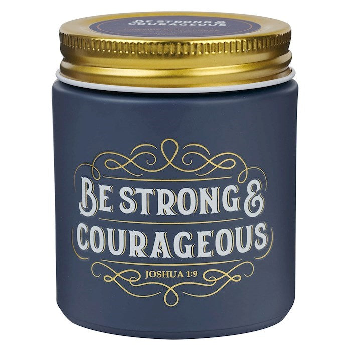 Candle-Be Strong & Courageous/Fireside Blue Spruce Scent In Glass Jar w/Metal Lid (Joshua 1:9)