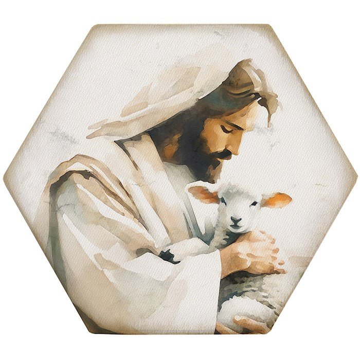 Coaster-Honeycomb-Jesus Holding Lamb (4.5 x 3.785)