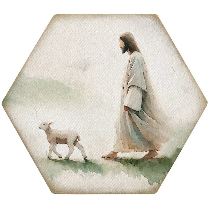 Coaster-Honeycomb-Jesus Walking Lamb (4.5 x 3.785)