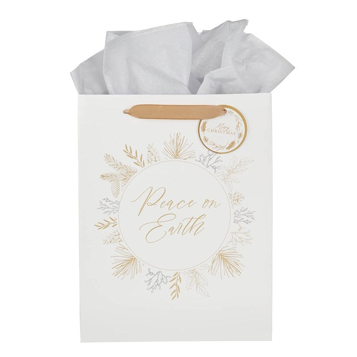 Gift Bag-Peace On Earth/Pine Branch-White Large