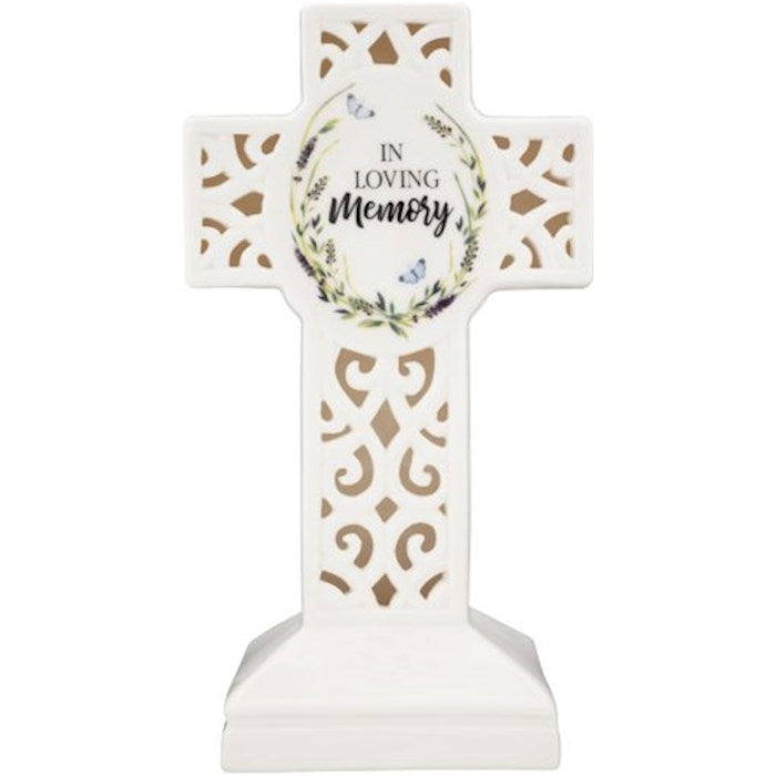 Pedestal Cross-In Loving Memory-Porcelain (9.25" x 5" x 4") (