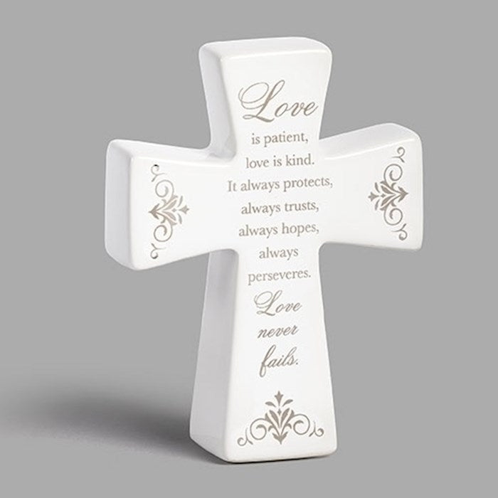 Tabletop Cross-Love Is Patient...Love Never Fails-Ceramic (4.5"H) (