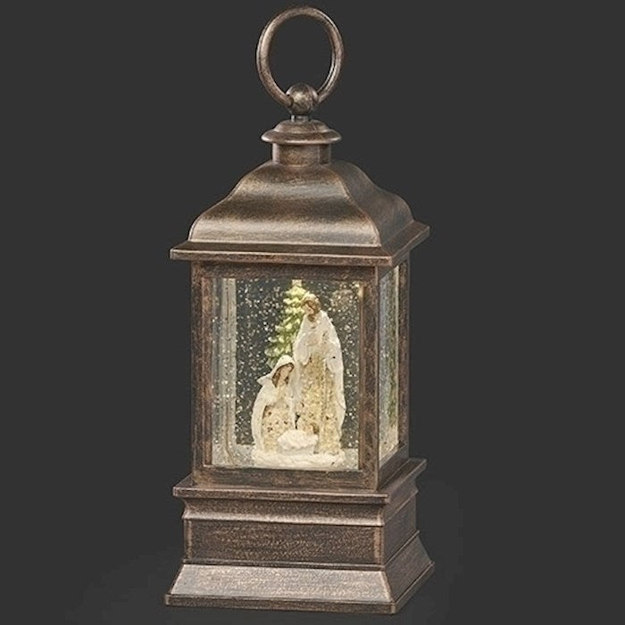 Lantern-Musical Lighted Swirl Holy Family w/Poinsetta Design (Tune: Silent Night)-9" (