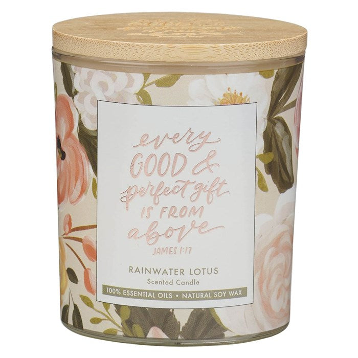 Candle-Every Good & Perfect Gift/Rainwater Lotus Scent In Glass Jar w/Bamboo Lid (James 1:17)