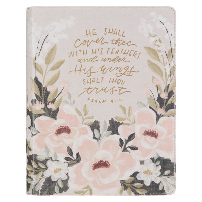 KJV Note-Taking Bible (Psalm 91:4)-Cream Floral Printed Faux Leather