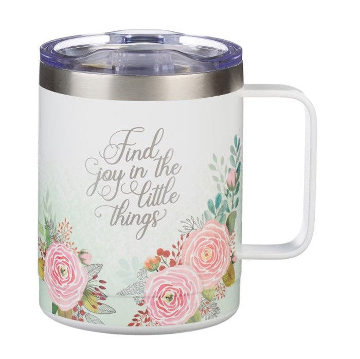 Mug-Find Joy In The Little Things-Pink Floral Camp-Style Stainless Steel