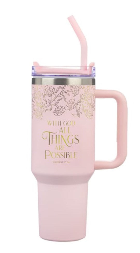 Travel Mug-With God All Things Are Possible-Pink Stainless Steel w/Straw (40 oz)