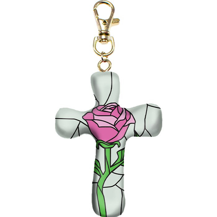 Cross-Keychain-Comforting Clay-Pink Rose (3" H)