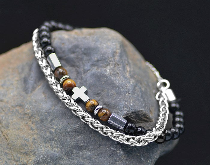 Bracelet-Eden Merry-Two Strand-Cross-Tiger Eye