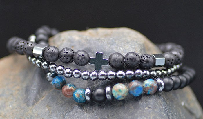 Bracelet-Eden Merry-Three Strand-Cross-Lava/Phoenix Stone