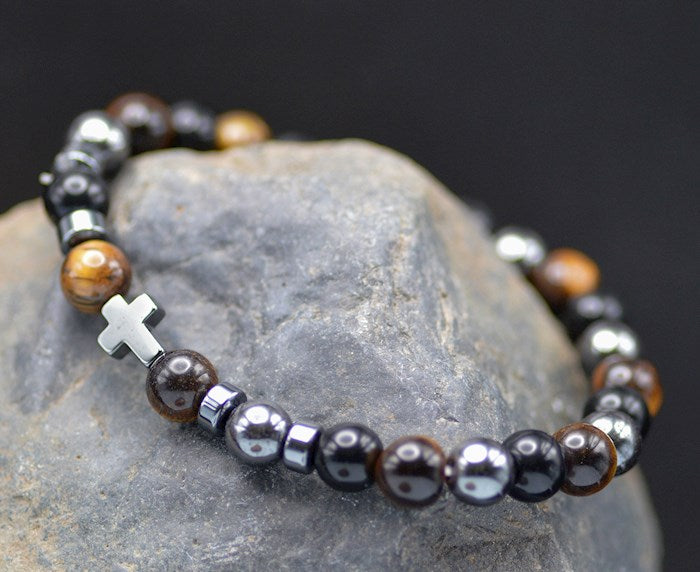 Bracelet-Eden Merry-Beaded-Cross-Tiger Eye w/ Prayer Card