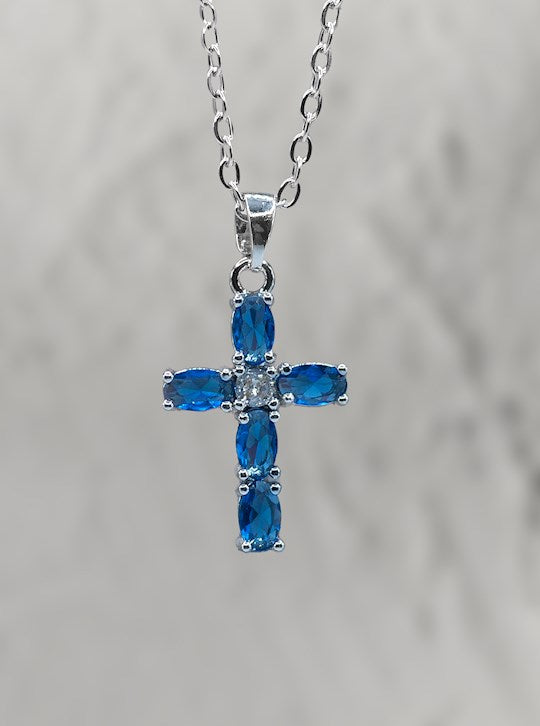 Necklace-Eden Merry-Cross-Blue Crystal