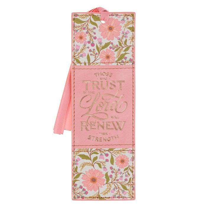 Bookmark-Faux Leather Coral Floral Those Who Trust In The Lord Isa. 40:31