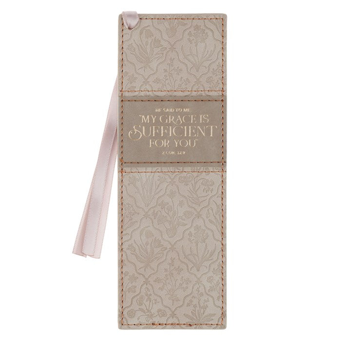 Bookmark-Faux Leather Taupe My Grace Is Sufficient For You 2 Cor. 12:9