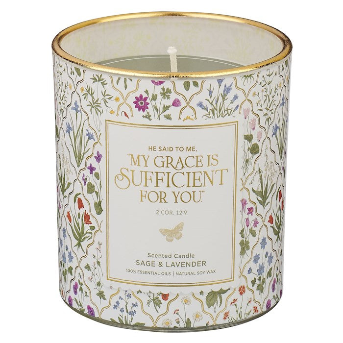 Candle-My Grace Is Sufficient For You (2 Corinthians 12:9)-Sage & Lavender Scent In Glass Jar