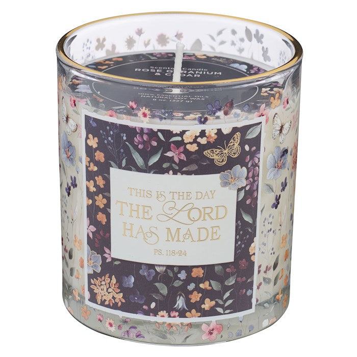 Candle-This Is The Day The Lord Has Made/Rose Geranium & Cedar Scent In Glass Jar (Ps. 118:24)