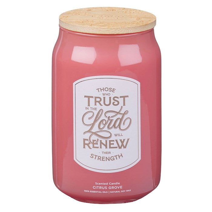 Candle-Those Who Trust In The Lord/Coral Cascade Citrus Scent In Glass Jar w/Bamboo Lid (Isaiah 40:31)