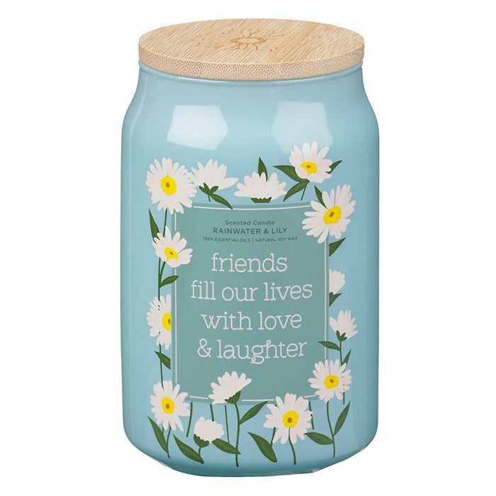 Candle-Friends Fill Our Lives With Love & Laughter/Rainwater & Lily Scent In Glass Jar w/Bamboo Lid