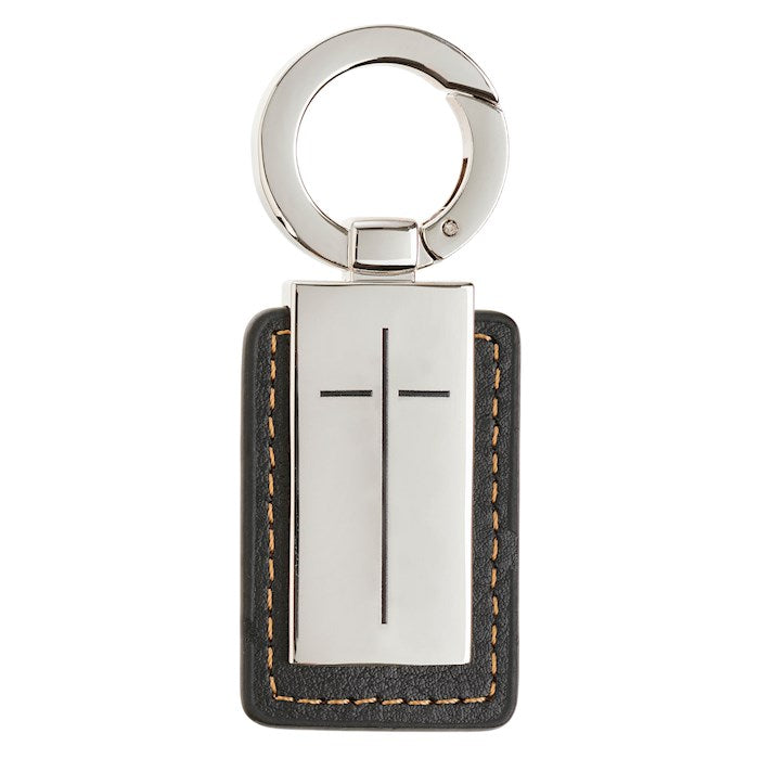 Keychain-Man Of God-Black Faux Leather & Silver Metal Cross