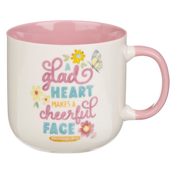 Mug-A Glad Heart Makes A Cheerful Face (Proverbs 15:13)-Pink Ceramic