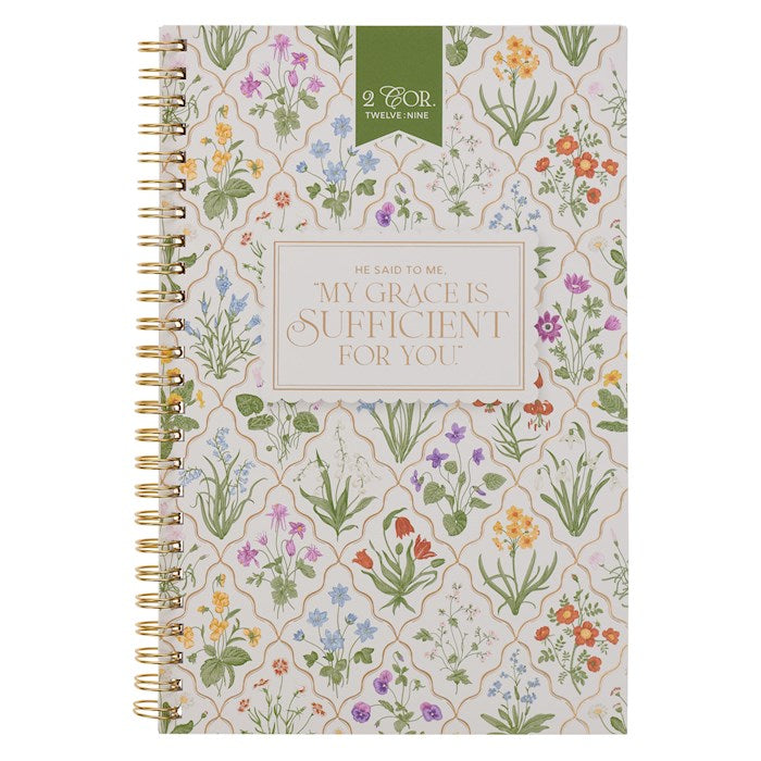 Notebook-My Grace Is Sufficient For You (2 Cor. 12:9)-Cream Floral Spiral Wirebound