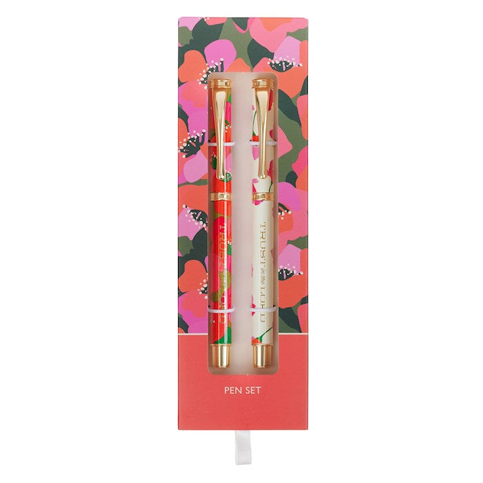 Pen Set-Trust In The Lord (Proverbs 3:5) (Set Of 2)-Coral Floral