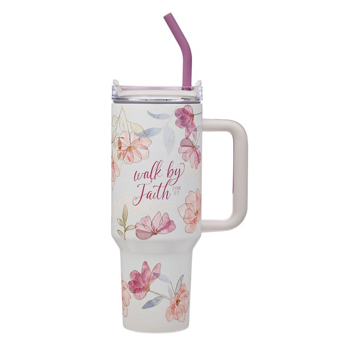 Tumbler-Walk By Faith (2 Corinthians 5:7)-Pink Cosmos Stainless Steel w/Straw (40 oz)