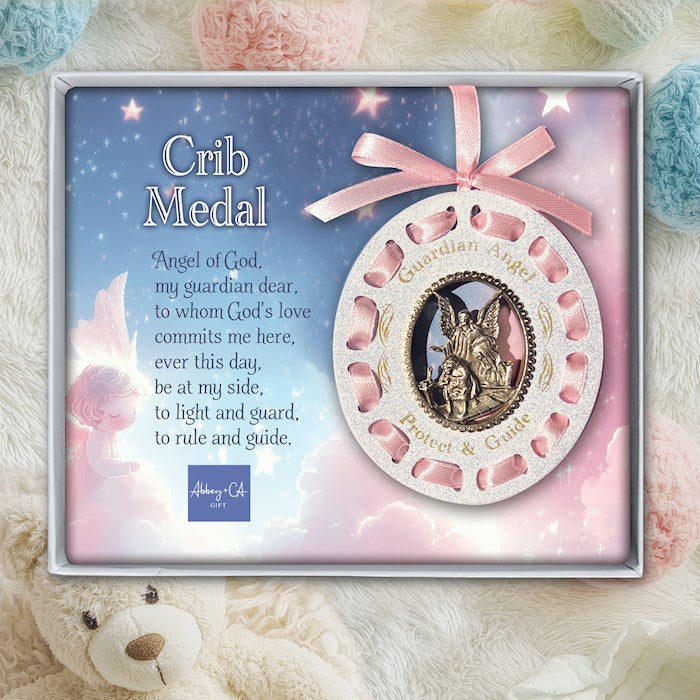 Crib Medal-Woven-Guardian Angel W/ Pink Ribbon