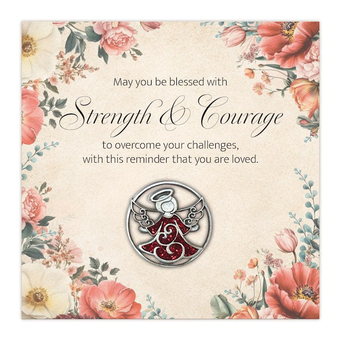 Lapel Pin-Angel-Strength & Courage-Red Glitter