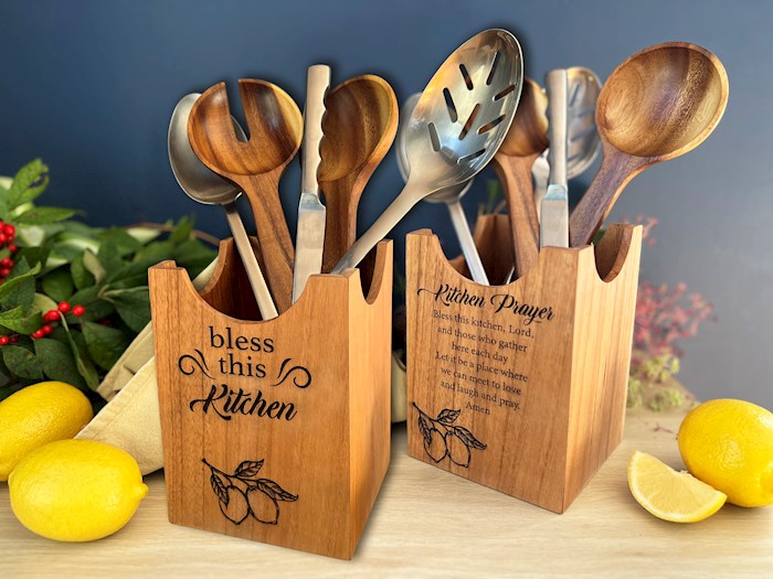Utensil Holder-Bless This Kitchen-Cedar (7" H)