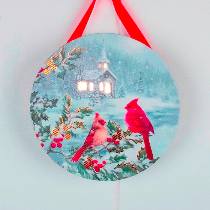 Ornament-White And Gold Cardinals-LED-Canvas (4.5" D) (Shipping Sep 2026)