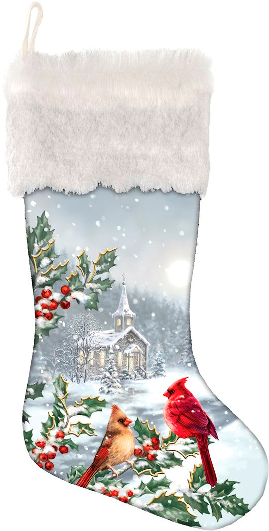 Stocking-White & Gold Cardinals LED W/Timer & Faux Fur Trim
