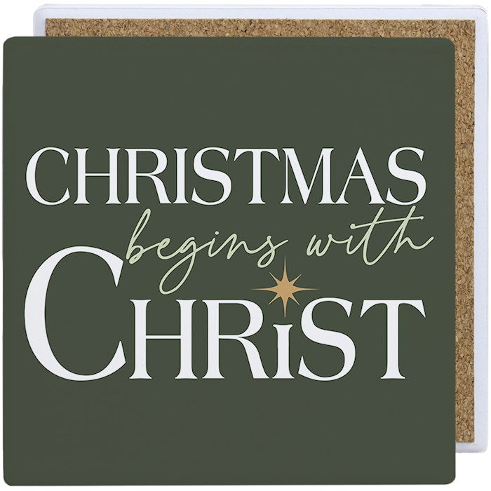 Coaster-Christmas Begins With Christ-Green Ceramic (3.75" x 3.75")