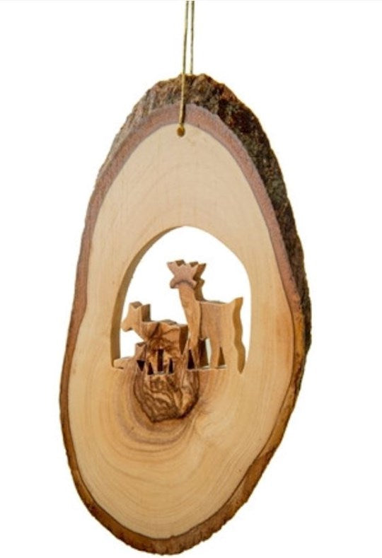 Ornament-Bark Slice With Deer Family (4" to 6")