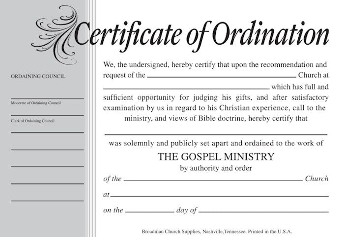 Certificate-Ordination-Minister (Parchment)-Billfold Size
