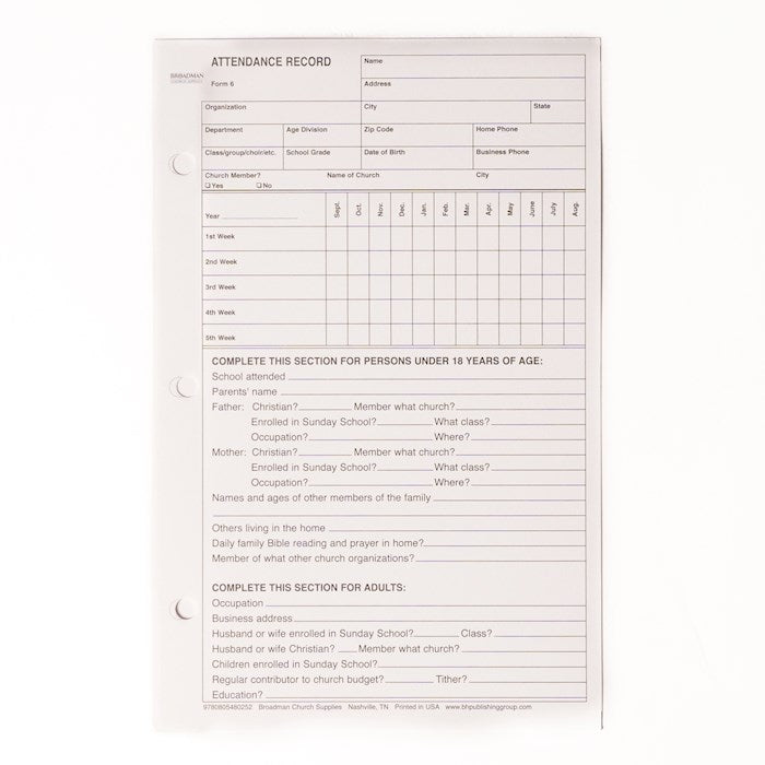 Form-Attendance Record (Form 6) (Pack Of 100)