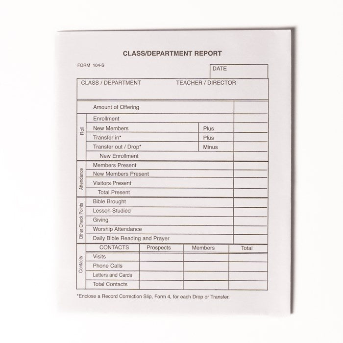 Form-Sunday School Class/Department Report Envelope (Form 104-S) (Pack Of 100)