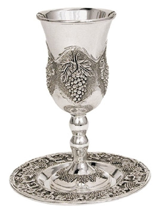 Wine Cup-Long Stem w/Grapes+Coaster (6.5")-Pewter (