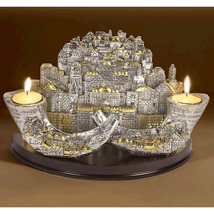 Candle Holder-Two Shofars & Jerusalem City-Silverplated (