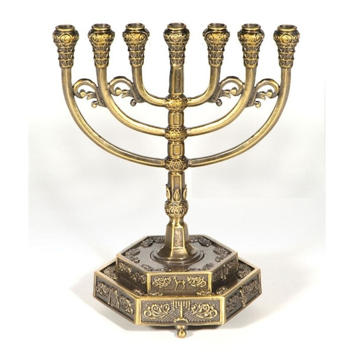 Menorah-12 Tribes w/Hexagon Base (7 Branched) (6" x 6")-Brass (
