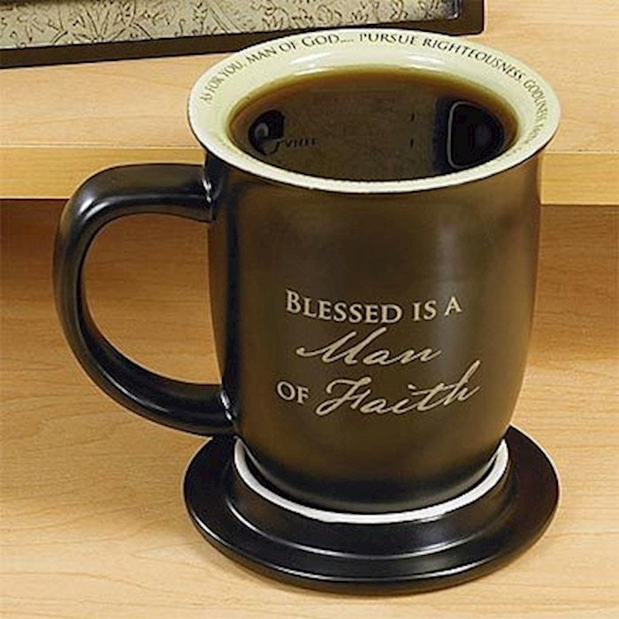Mug-Blessed Is A Man Of Faith w/Coaster/Lid-Black w/Green Interior