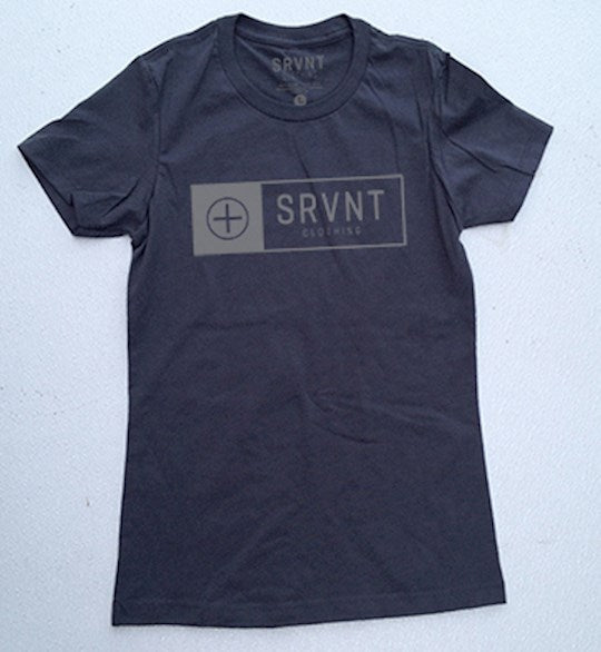 Tee Shirt-Srvnt Logo Box Womens Boyfriend Tee- Small-Heavy Metal W/White