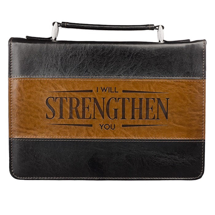 Bible Cover-I Will Strengthen You (Isaiah 41:10)-Black/Brown Faux Leather Classic-Medium